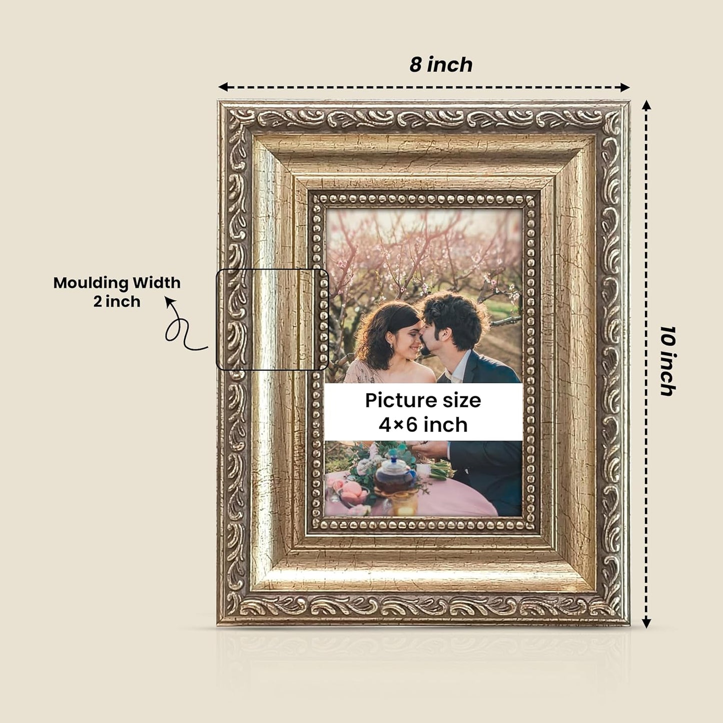 Elegant Vintage Table Photo Frame – Wood, Gold Finish, Back Stand – 4x6 Inch