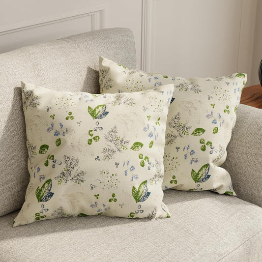 Cushion Cover – Decorative Pillow Set – Durable Heavy Cotton Green Leaf Floral – 16x16 inch, Set of 2
