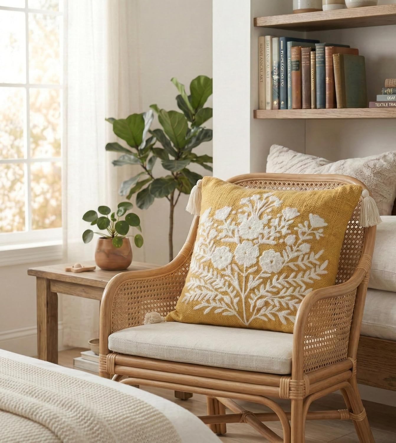 Embroidered Slub Cotton Cushion Cover – Decorative Pillow Case – Tufted Tassels – 16x16 Inch / 40x40 cm