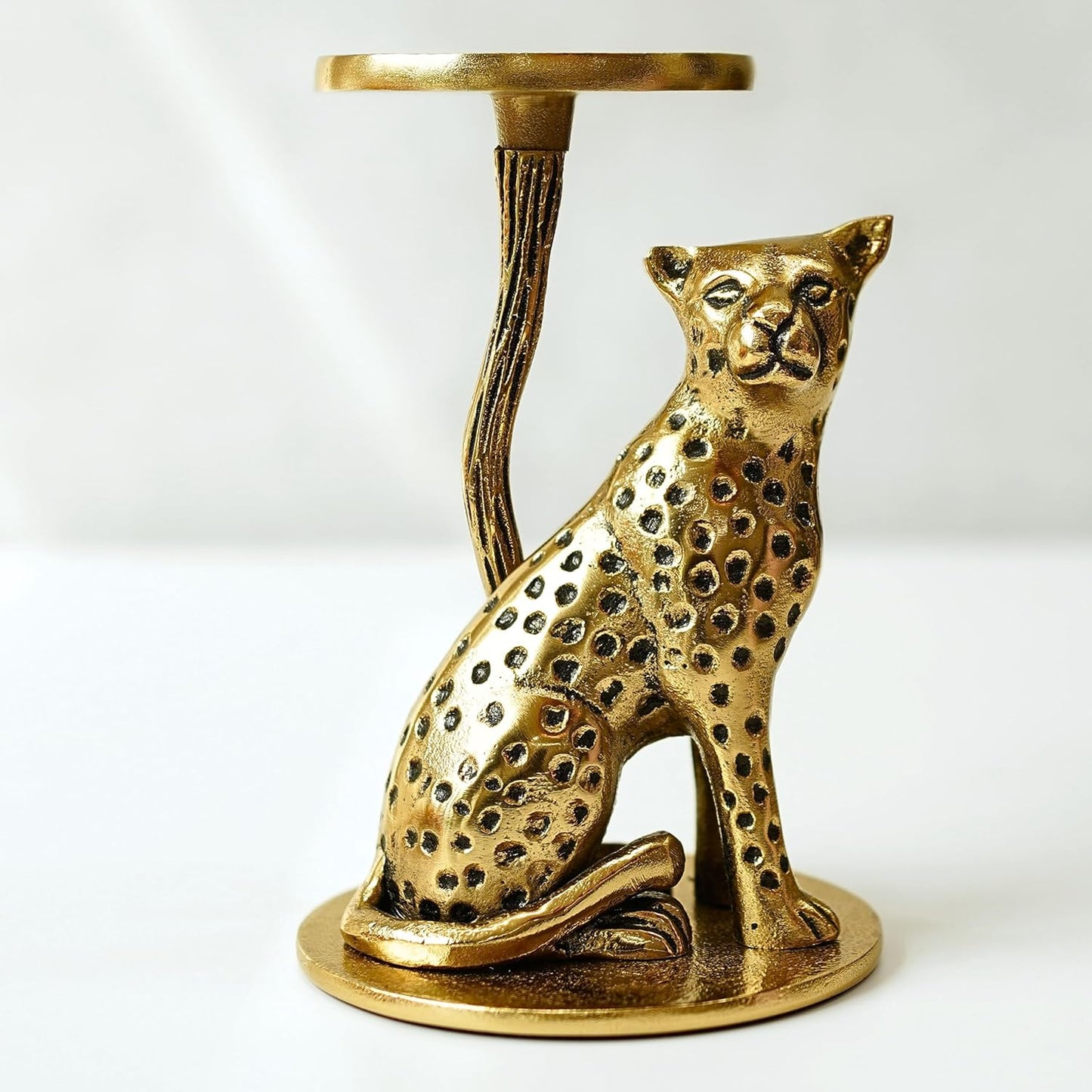 Pillar Candle Holder – Aluminium Brass Finish Jaguar – H 16.5cm Tabletop Decor