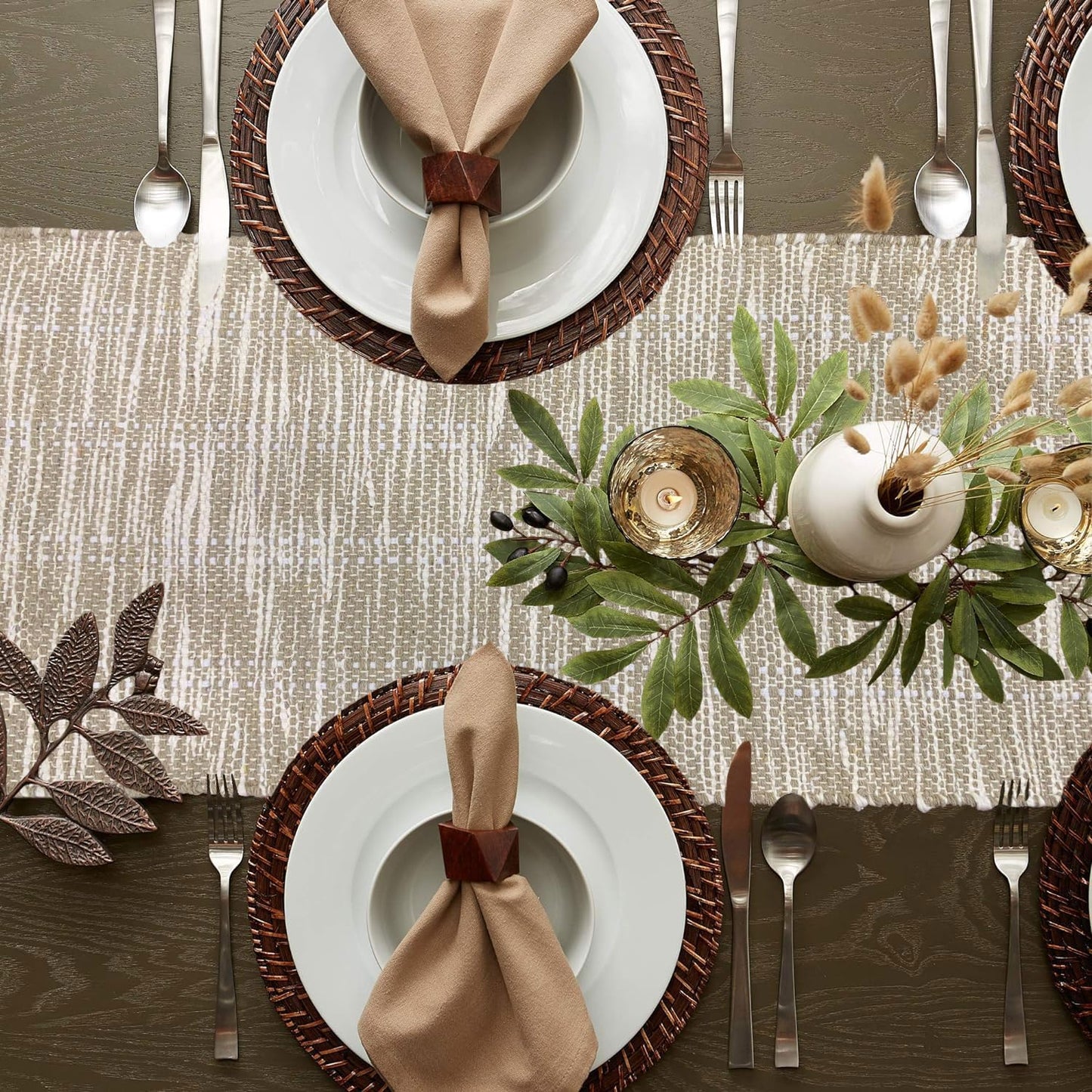 Wholesale Table Runner – Textured Cotton Jute Blend – Beige/White – 13x74 Inch