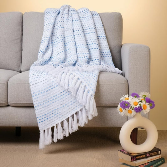 Hand-Knitted Cotton Sofa Throw – All-Season Design – Blue Multi Tassels – 80x52 Inches