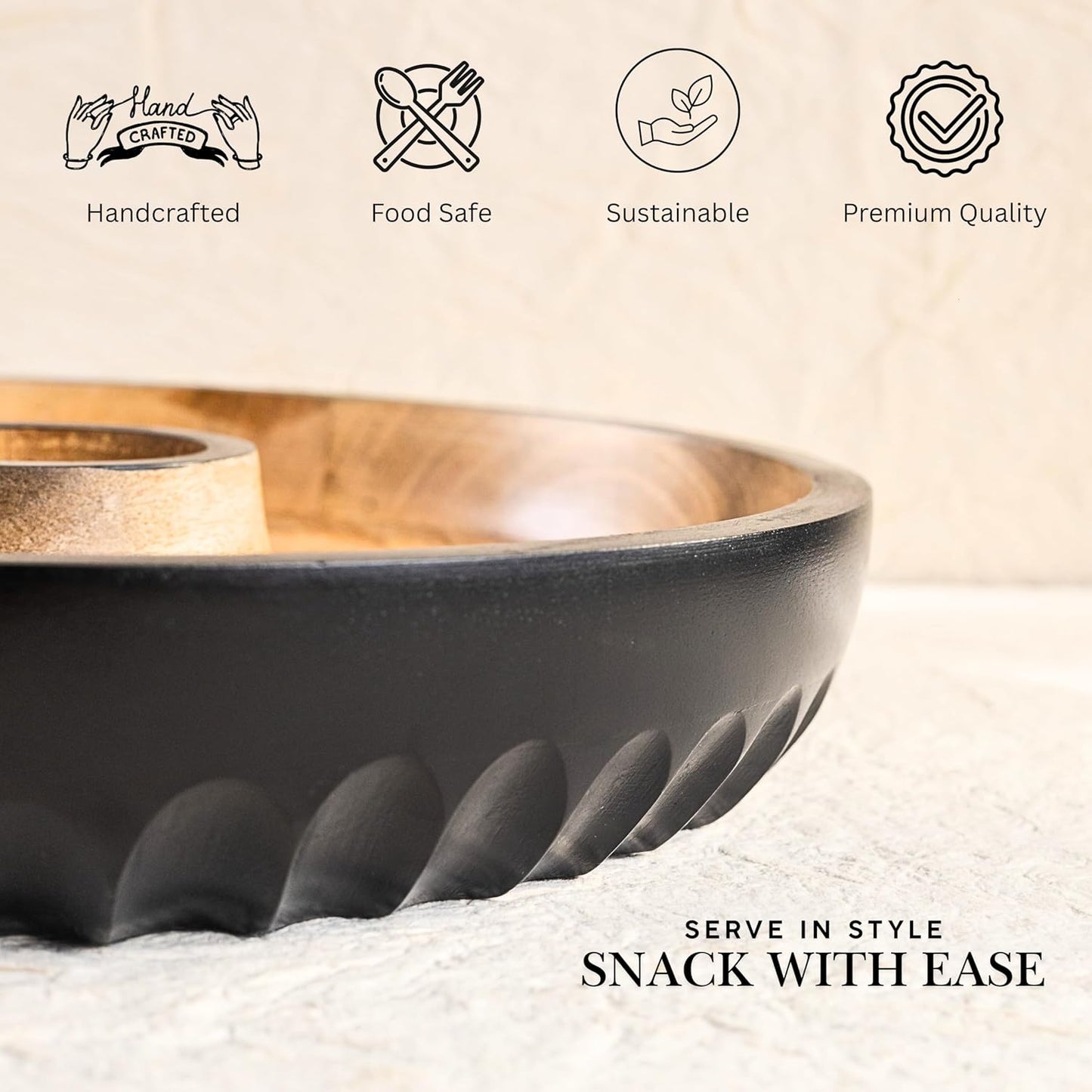 Dual-Tone Mango Wood Chip & Dip Platter – Handcrafted Serving Tray – 12-Inch, Built-in Dip Bowl