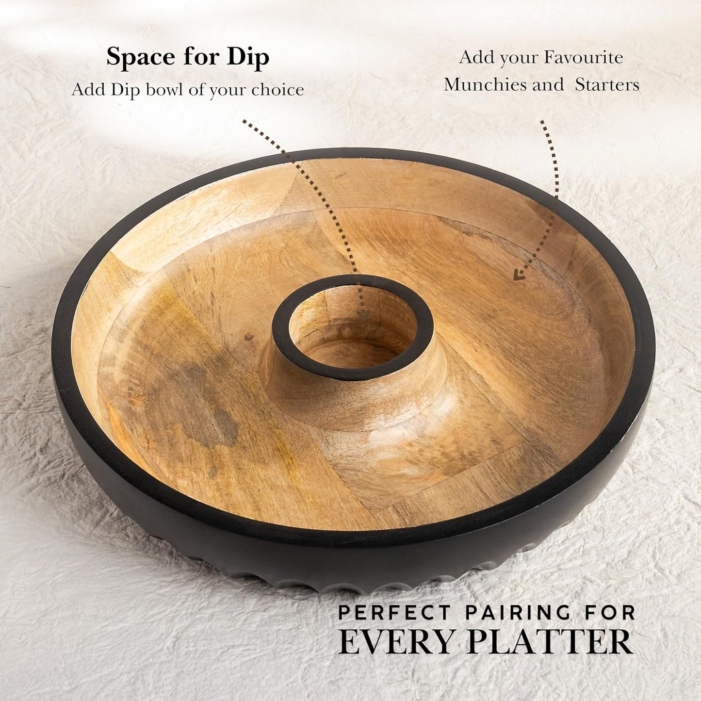 Dual-Tone Mango Wood Chip & Dip Platter – Handcrafted Serving Tray – 12-Inch, Built-in Dip Bowl
