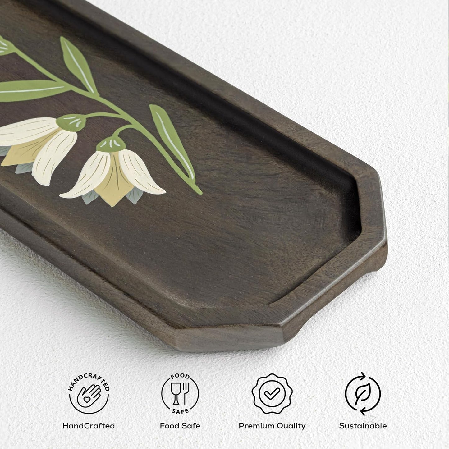 Handpainted Mango Wood Platter – Decorative Serving Tray – Floral Design – Artisan Crafted
