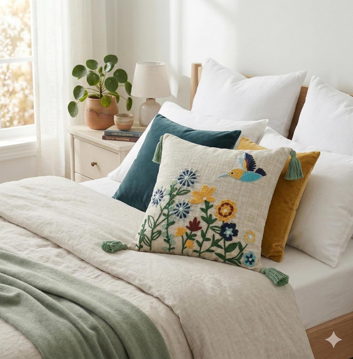 Handmade Embroidered Cushion Cover – Slub Cotton Pillow Case – Tasseled – 16x16 Inch (40x40 cm)