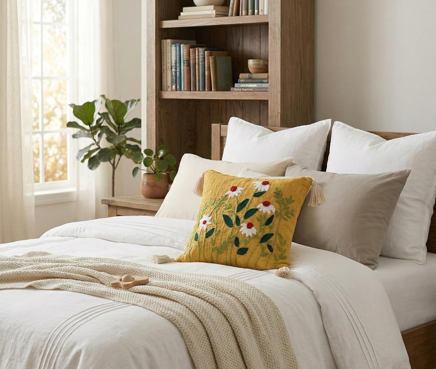 Embroidered Slub Cotton Cushion Cover – Decorative Pillow Case – Tufted Floral Design – 16x16 Inch
