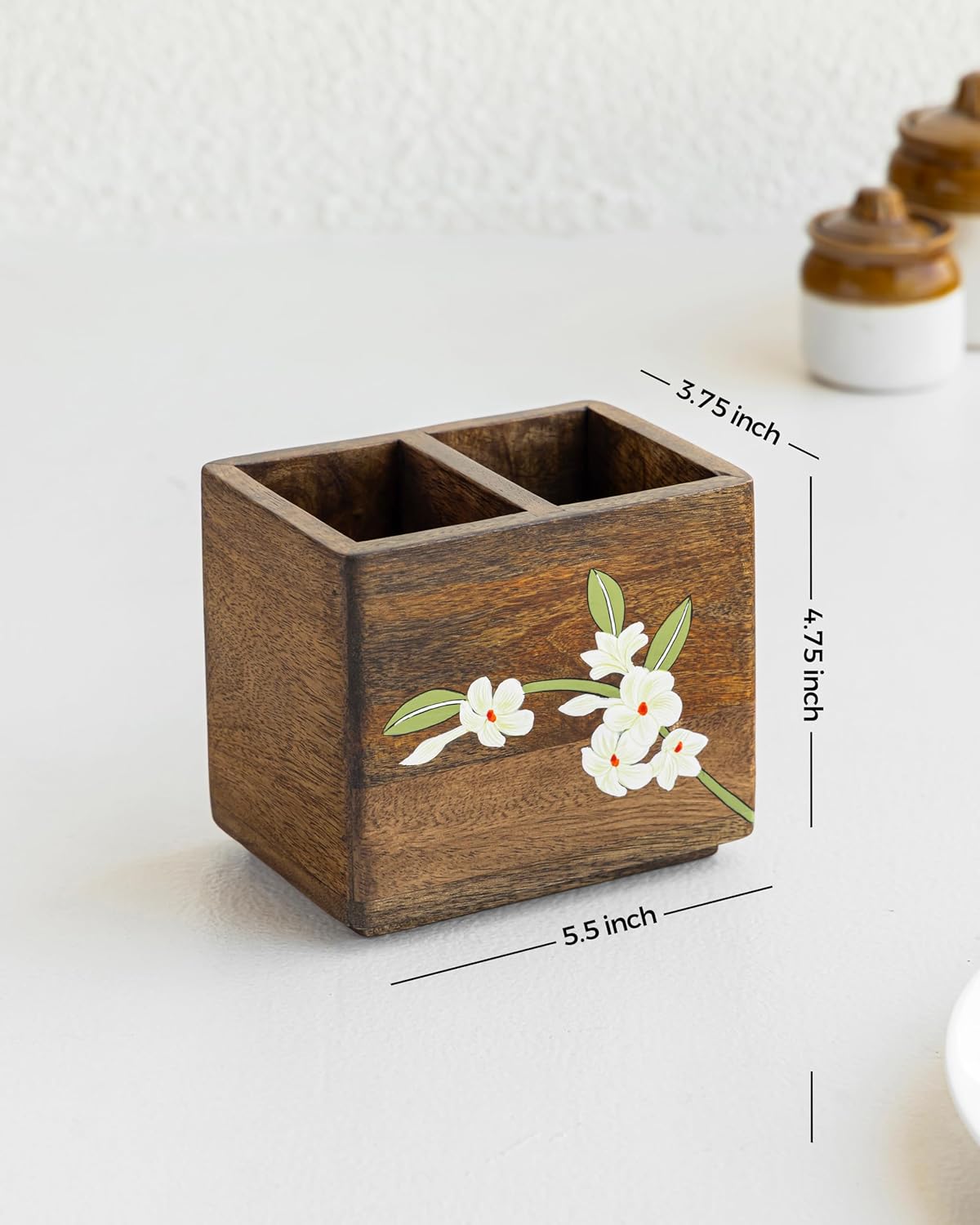 Mango Wood Cutlery Stand – Utensil Caddy – Hand-Painted Floral – 15x11.5x12.5cm