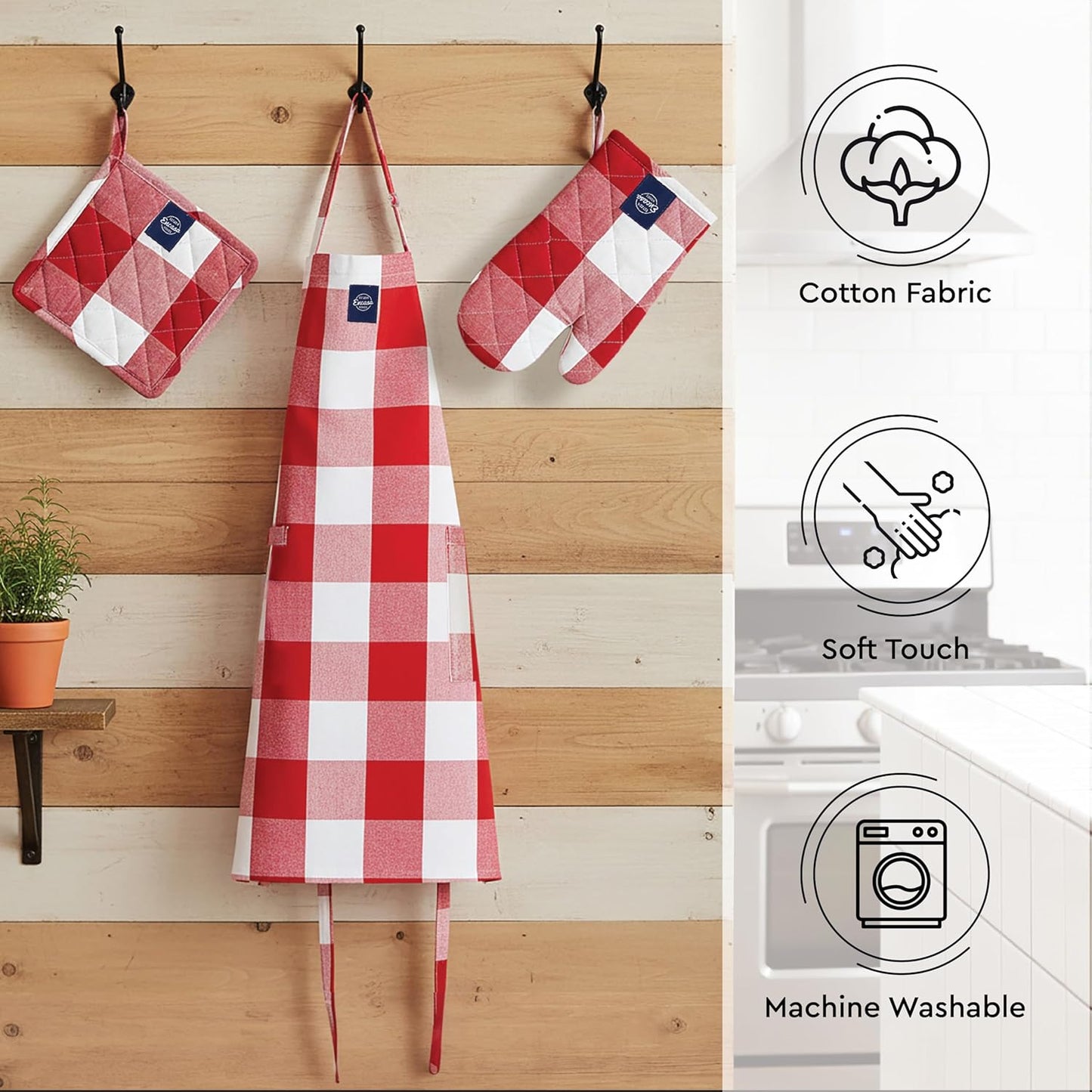 Kitchen Apron Set – 100% Cotton – Heat Resistant, Adjustable Fit – 3-Piece Combo