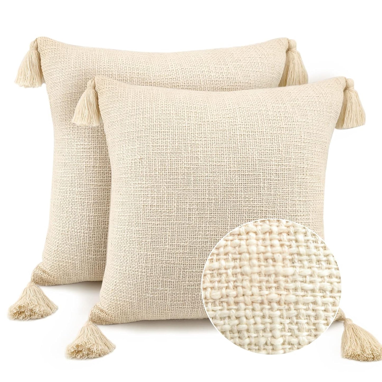 Textured Slub Cushion Covers – Pure Cotton Tasseled – 16x16 Inch | 2-Pack
