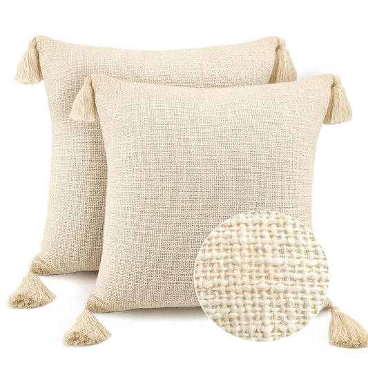 Textured Slub Cushion Covers – Pure Cotton Tasseled – 16x16 Inch | 2-Pack