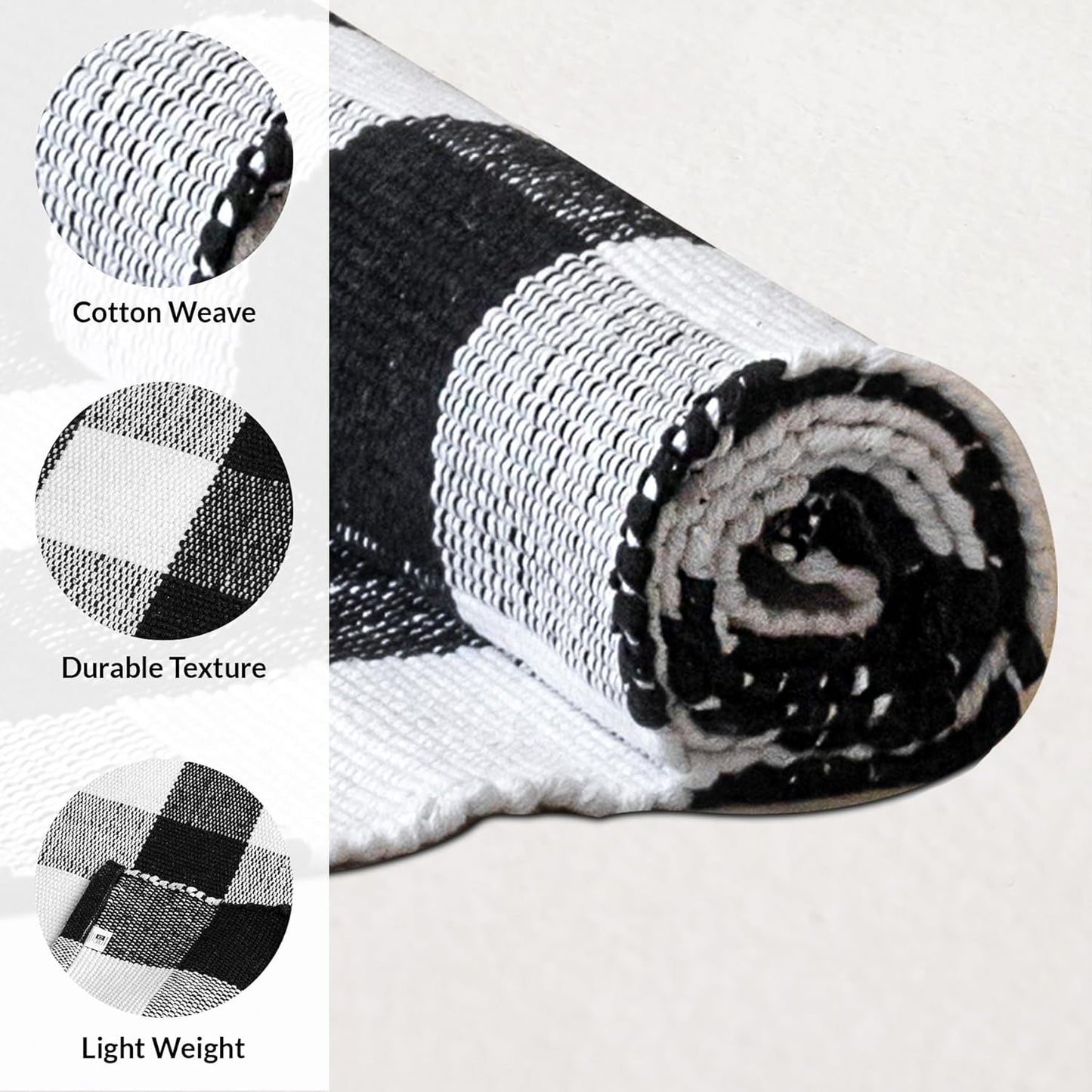 Cotton Rug Runner – Hand Woven Washable – Black & White 2x6 Feet