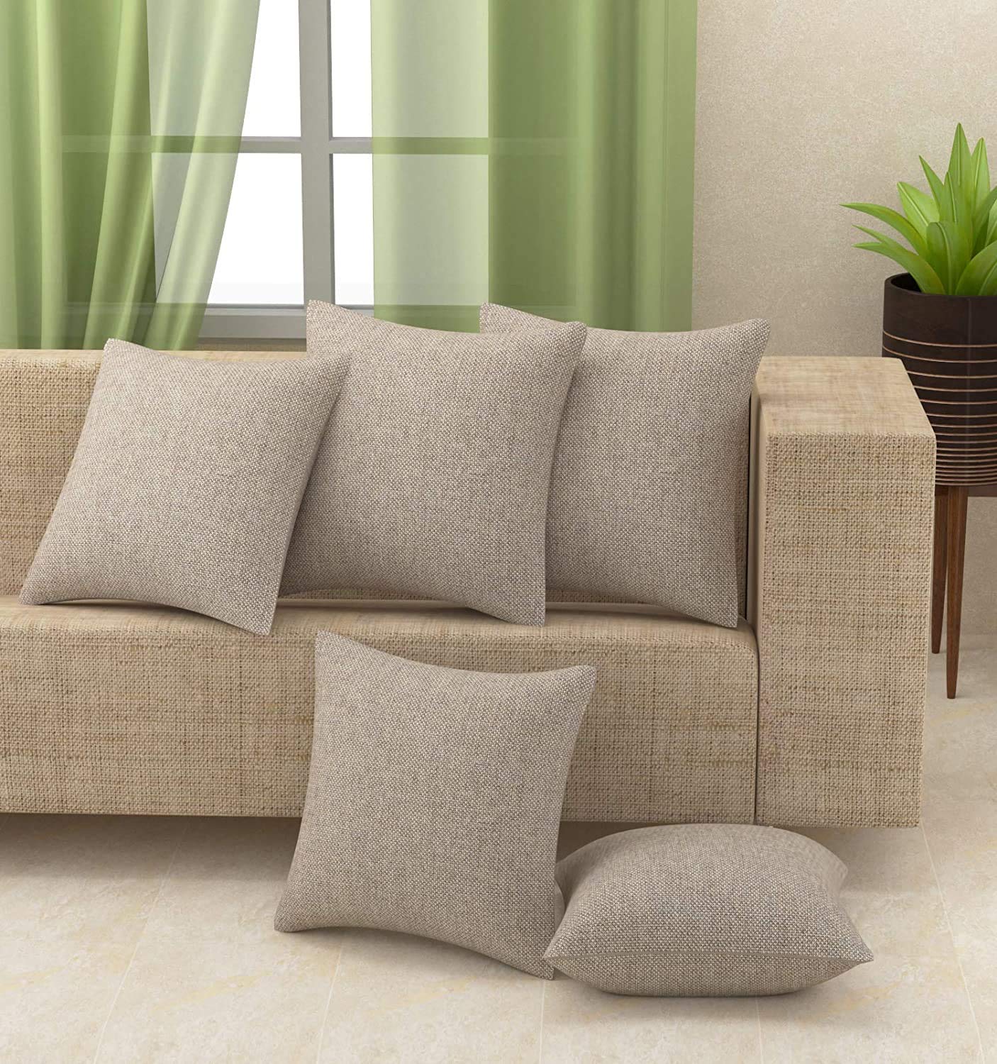 Set of 5 - Decorative Cushion Covers – Jute Texture Fabric with Concealed Zipper – 16x16 In