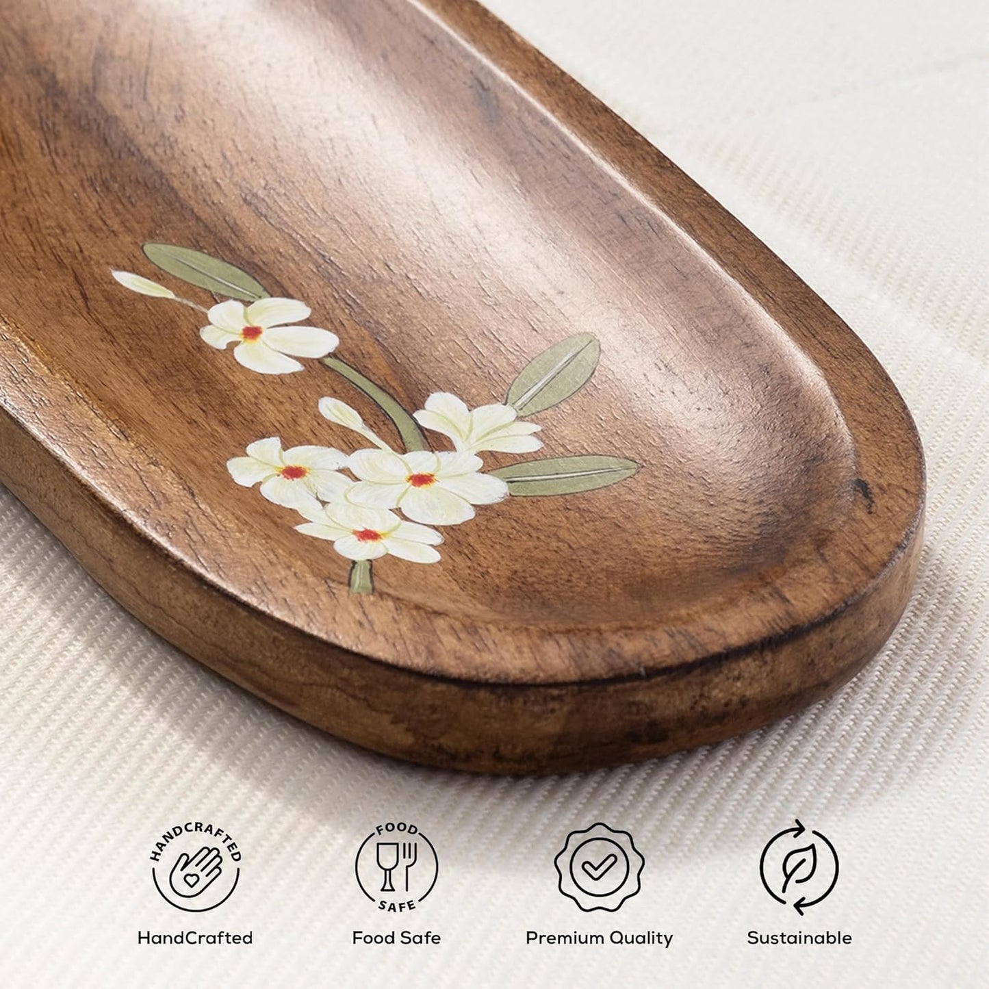 Handpainted Serving Platter – Rectangular Tray – Solid Mango Wood, Tropical Floral – 14.25x4.25x0.6 in