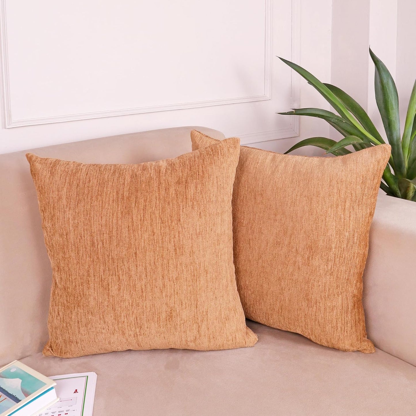 Cushion Covers – Chenille Velvet-Feel Textured – 16x16 Inch Set of 2, Dark Beige