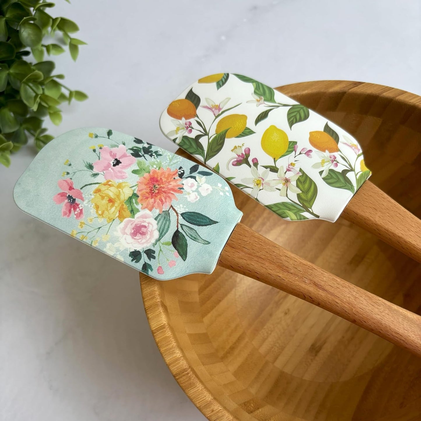 Designer Printed Silicone Spatula Set – Baking Utensil – Food Grade Silicone & Wood – Pack of 2