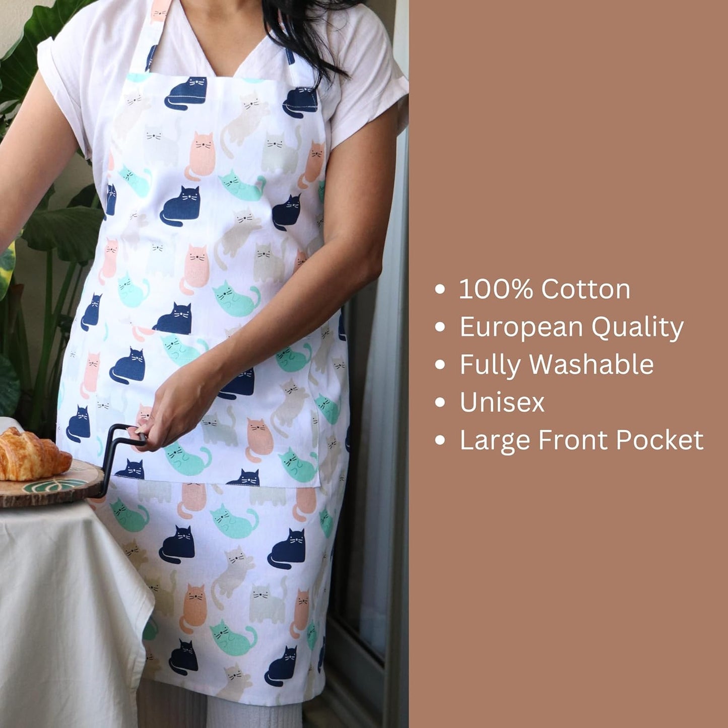 Cat Print Kitchen Linen Set – 100% Cotton, Machine Washable – Apron, Oven Mitts, Pot Holders, 3-Piece