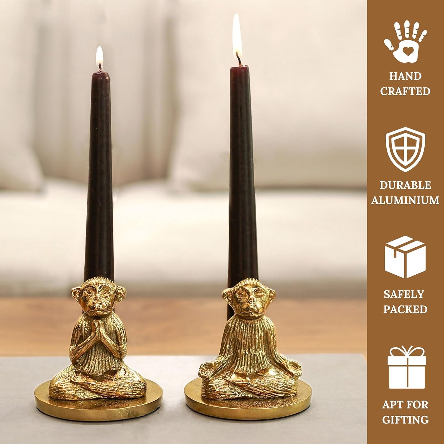 Aluminium Yoga Monkey Candle Holder – Antique Gold – Pair (8.5cm H)