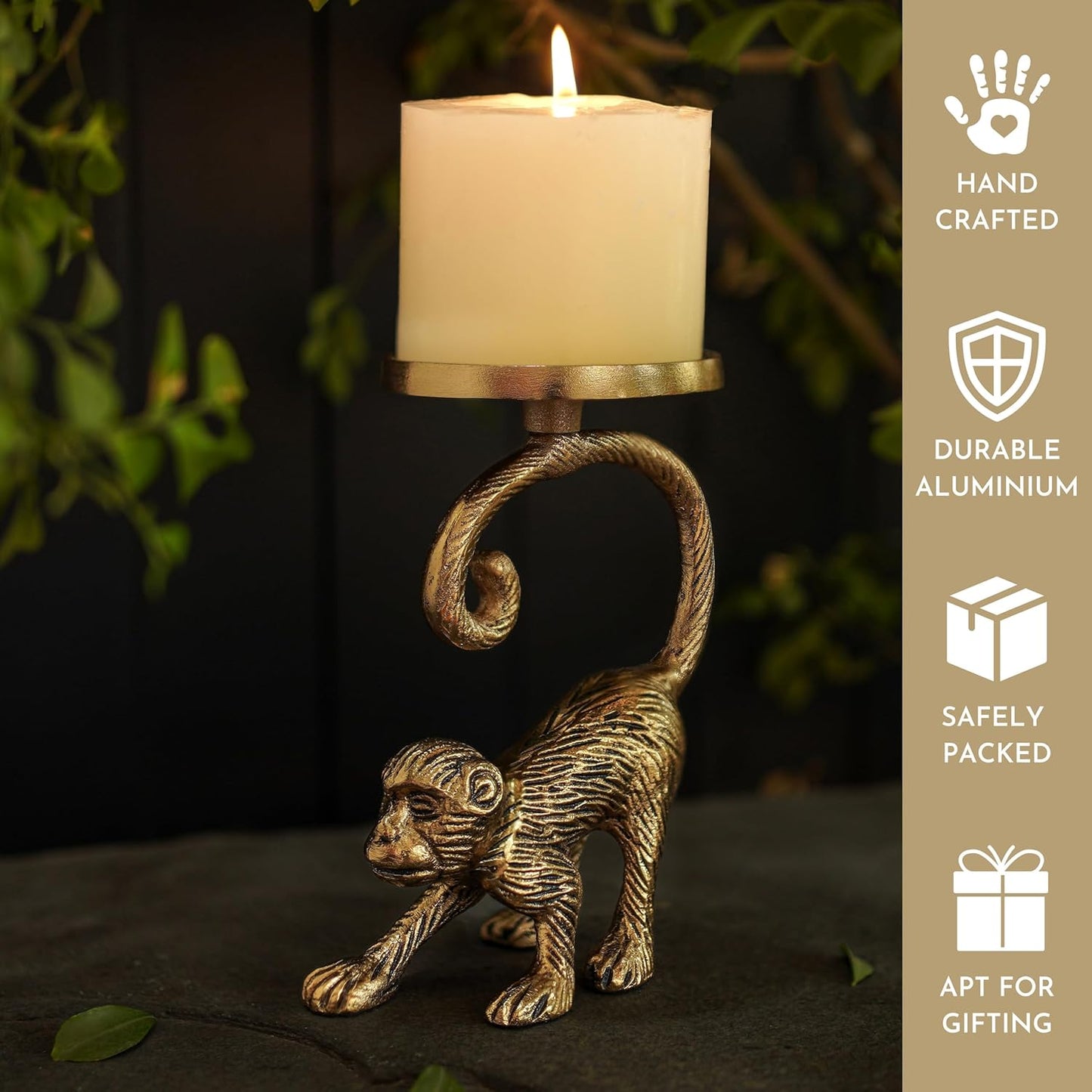 Pillar Candle Holder Stand – Metal Monkey Design – Aluminium Brass Finish