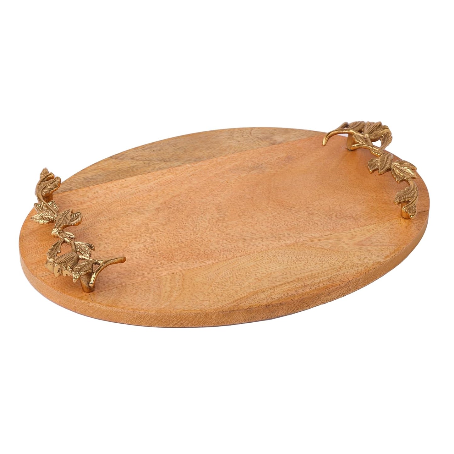 Oval Wood Serving Tray – Natural Finish – Handcrafted Gold Casting Handles