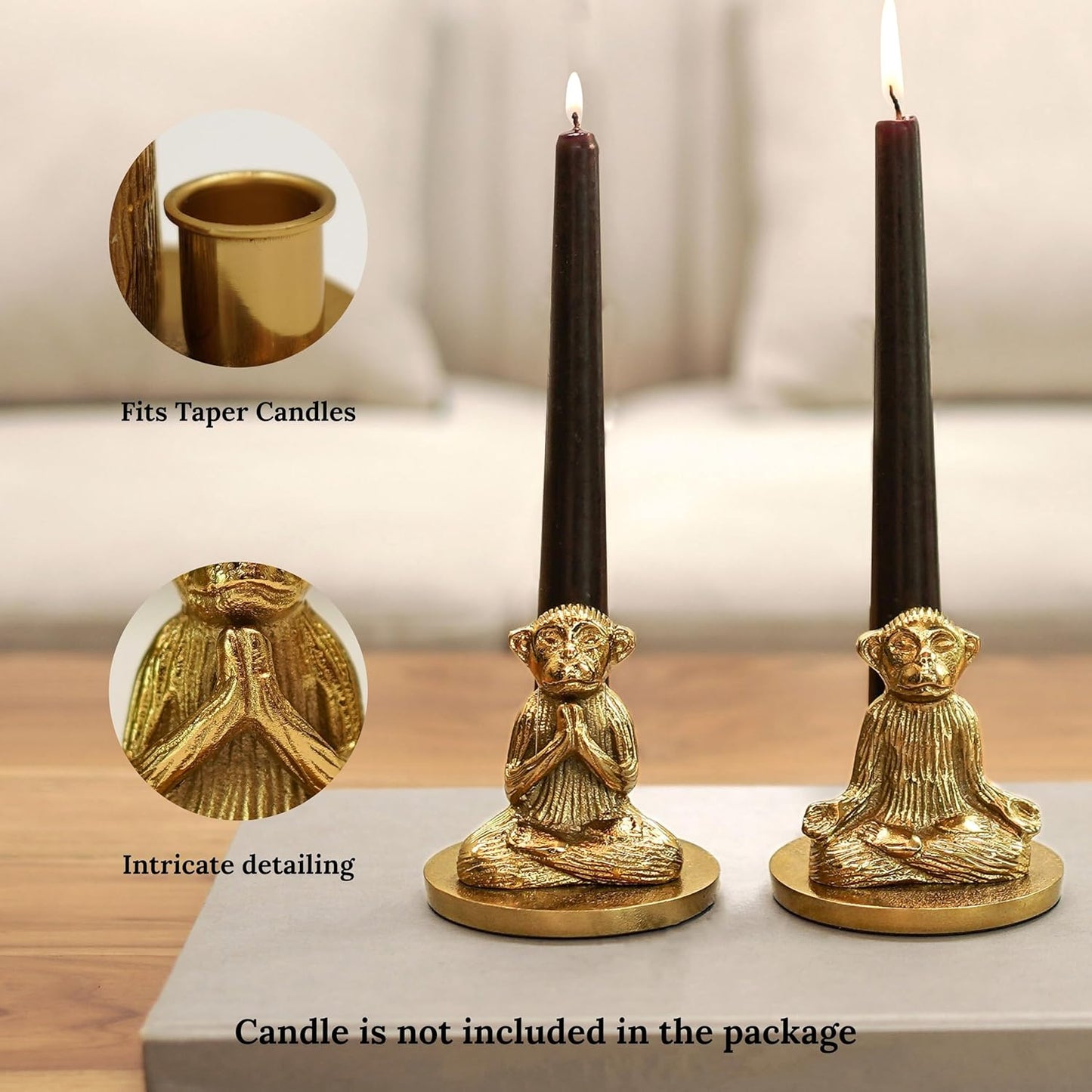 Aluminium Yoga Monkey Candle Holder – Antique Gold – Pair (8.5cm H)