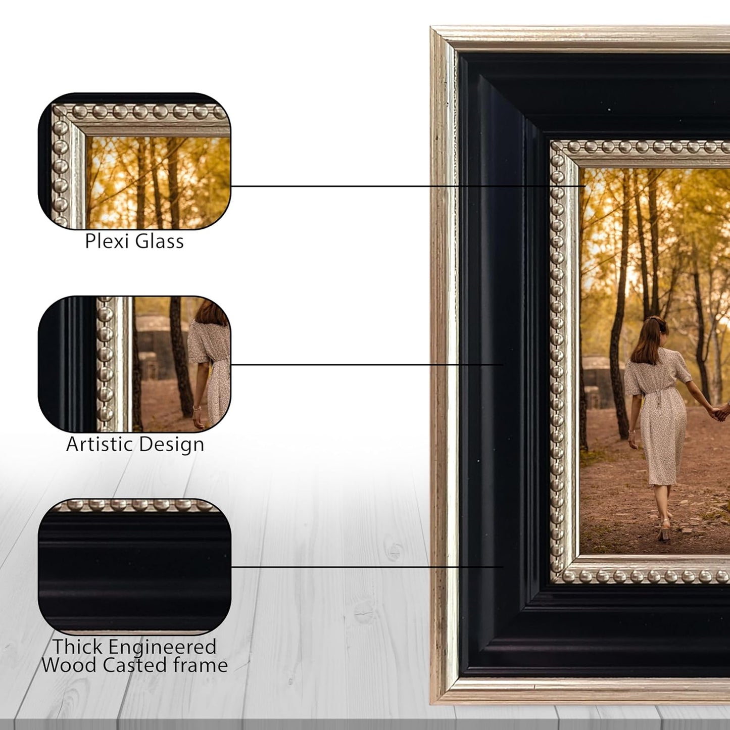 Tabletop Photo Frame – Natural Wood, Plexi Glass, Back Stand – 4x6 Inch (Black)