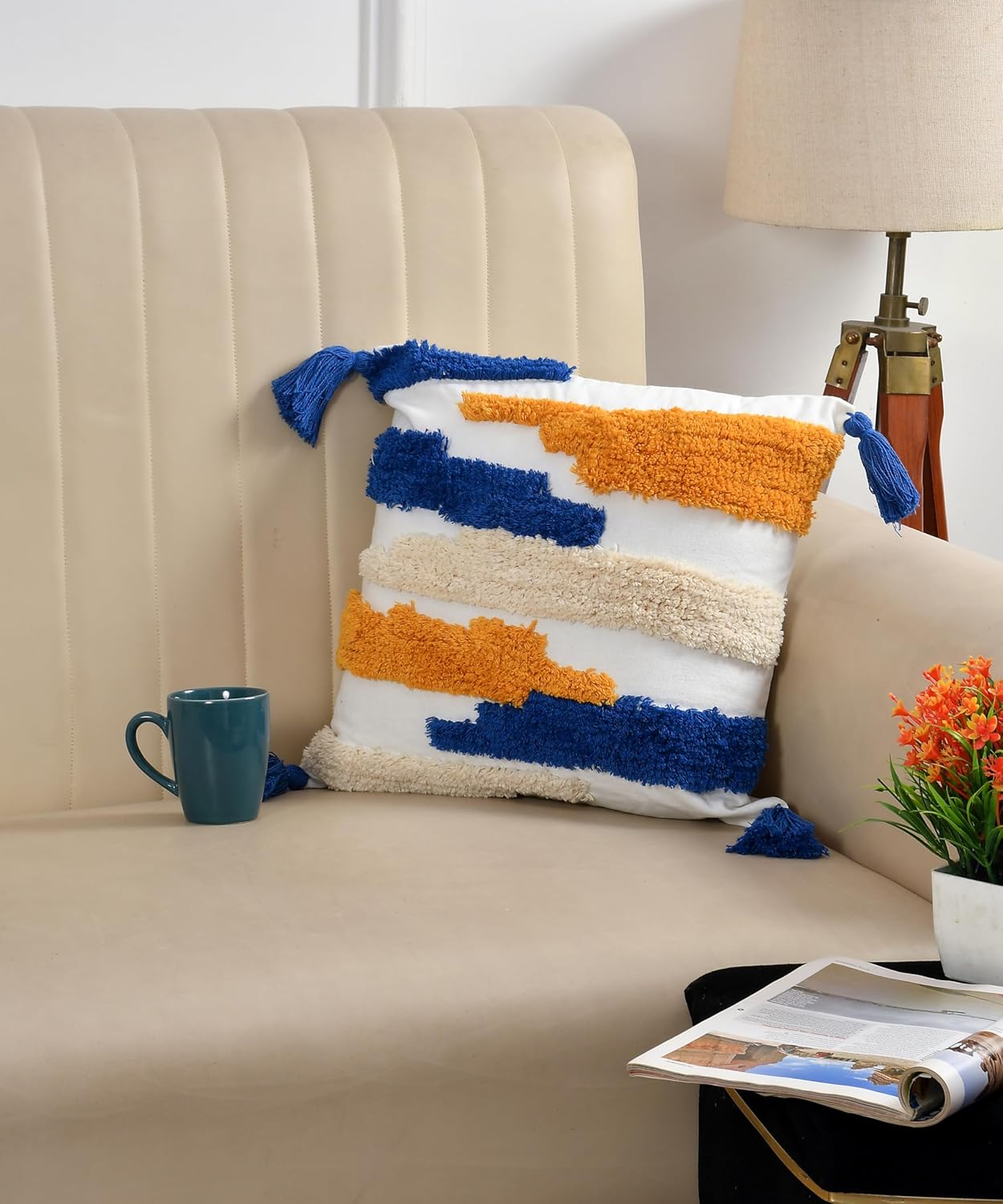 Decorative Cushion Covers – Tufted Geometric Blue/Yellow – 16x16 Inch, Set of 2