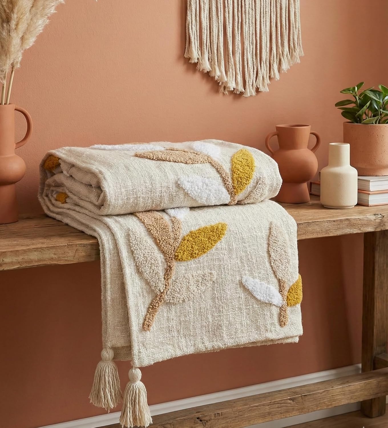 Hand Tufted Cotton Sofa Throw & Cushion Set – Coordinated 3-Piece Decor – 50x60" Throw, 2x 16x16" Covers