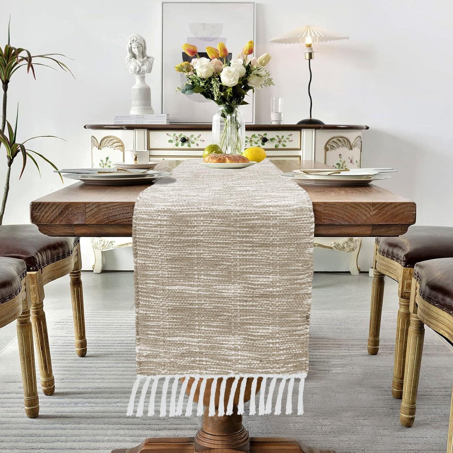 Wholesale Table Runner – Textured Cotton Jute Blend – Beige/White – 13x74 Inch