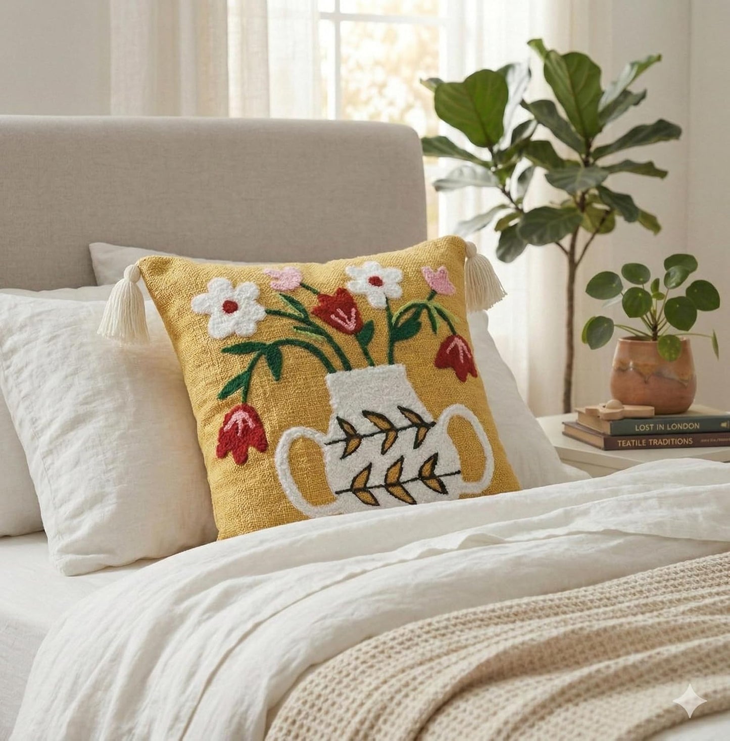 Boho Embroidered Cushion Cover – Slub Cotton – Tasseled Design – 16x16 Inch (40x40 cm)