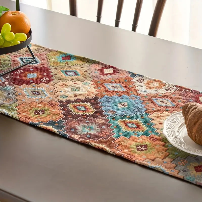Boho Geometric Table Runner - Vibrant Linen Polyester Rectangle