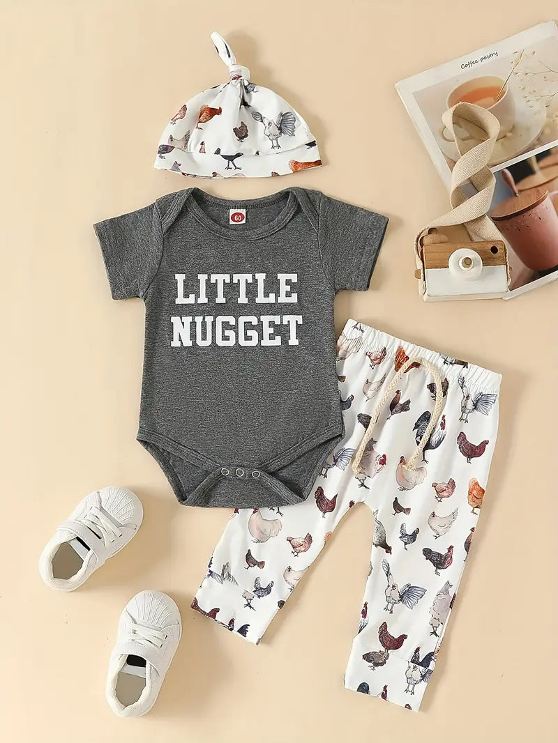 Cute Baby Boy Outfit | Hen Print Short Sleeve Onesie, Pants & Hat Set
