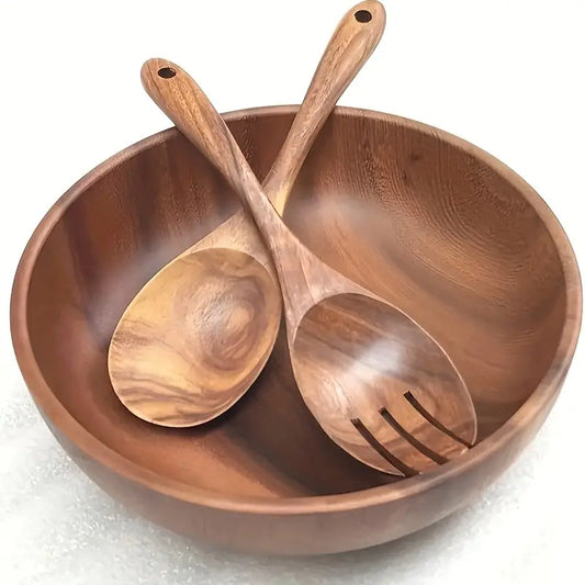 3PC Handcrafted Wooden Salad Set – Bowl, Spoon & Fork – Dining Decor
