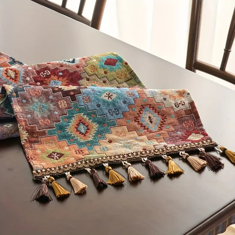 Boho Geometric Table Runner - Vibrant Linen Polyester Rectangle