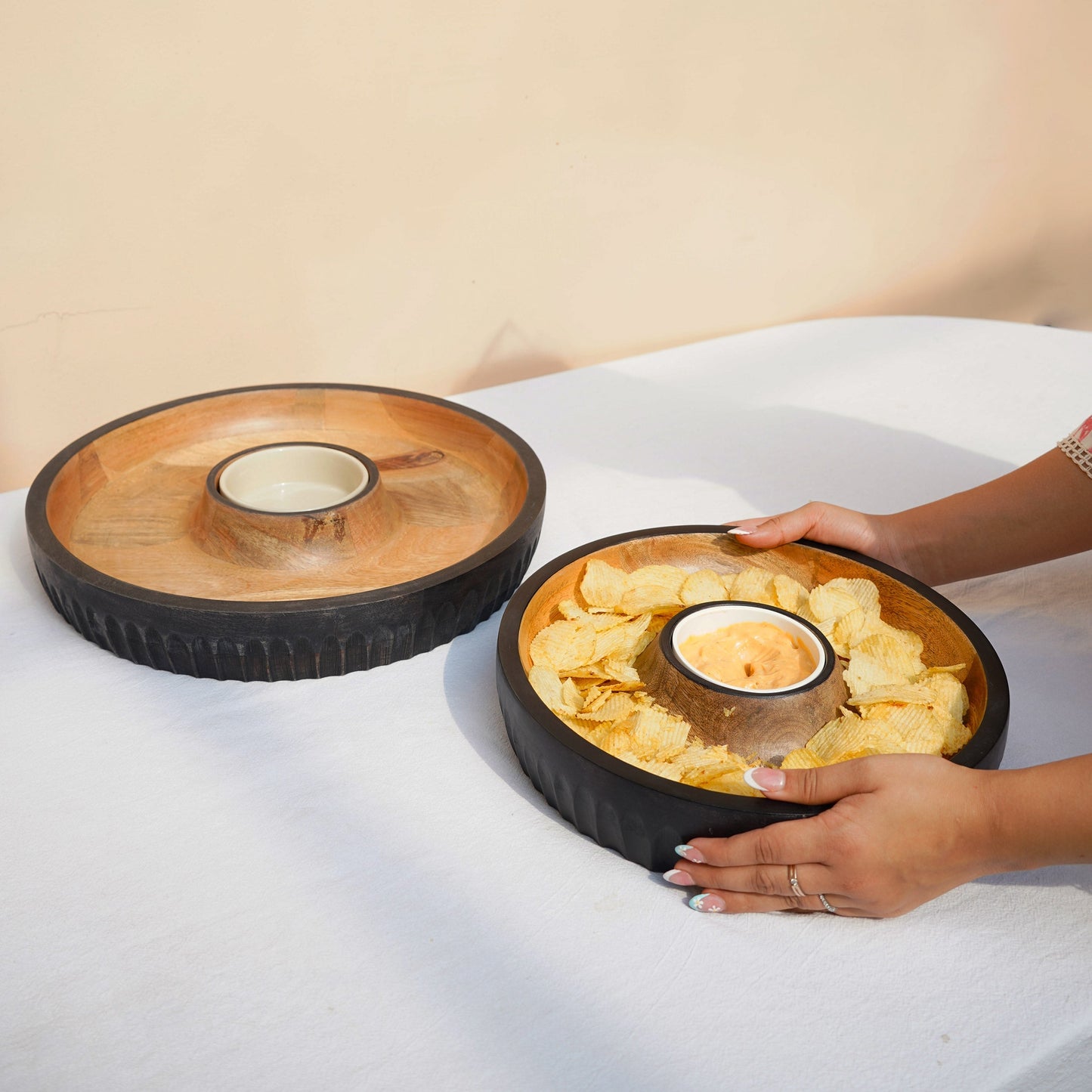 Mango Wood Serving Tray With Removable Bowl - Dual-Tone, Two Sizes