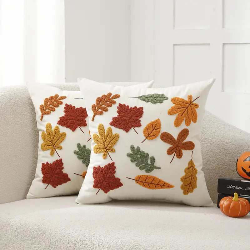 Autumn Leaf Embroidered Cushion Covers - 2pc Set