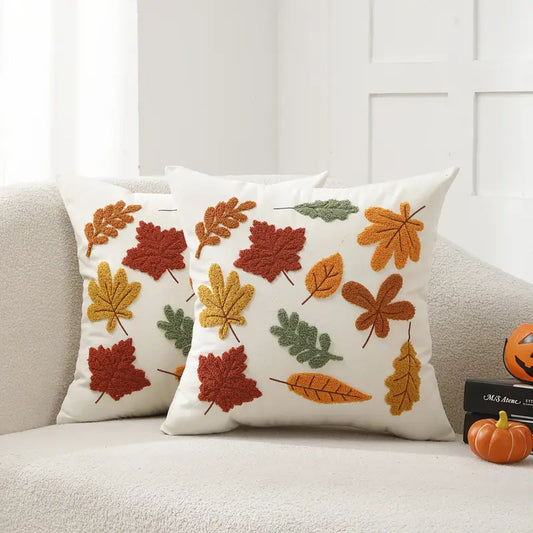 Autumn Leaf Embroidered Cushion Covers - 2pc Set