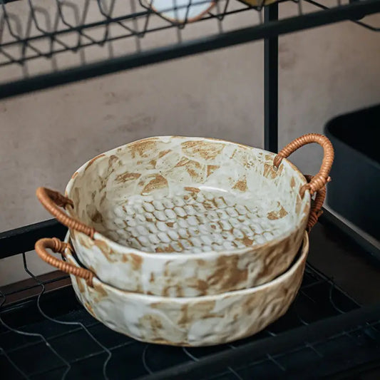 Rustic Pottery Bowl - Hemp Handles, Fruit Salad Cereal Bowl