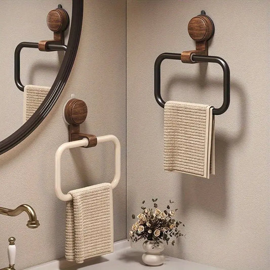Walnut Towel Ring - Suction Mount, No Drill - Elegant Oval Design