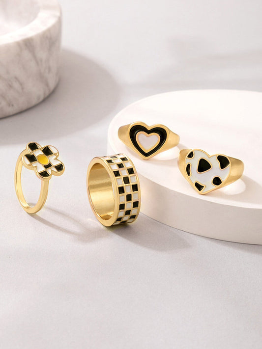 Gold-Plated Finger Ring Set – Fashion Rings – Two-Tone Gold & Black – Pack of 4