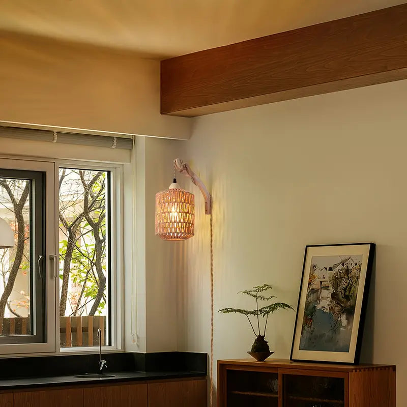 Hand Woven Rattan Wall Sconce - Plug In - Boho Farmhouse Lighting