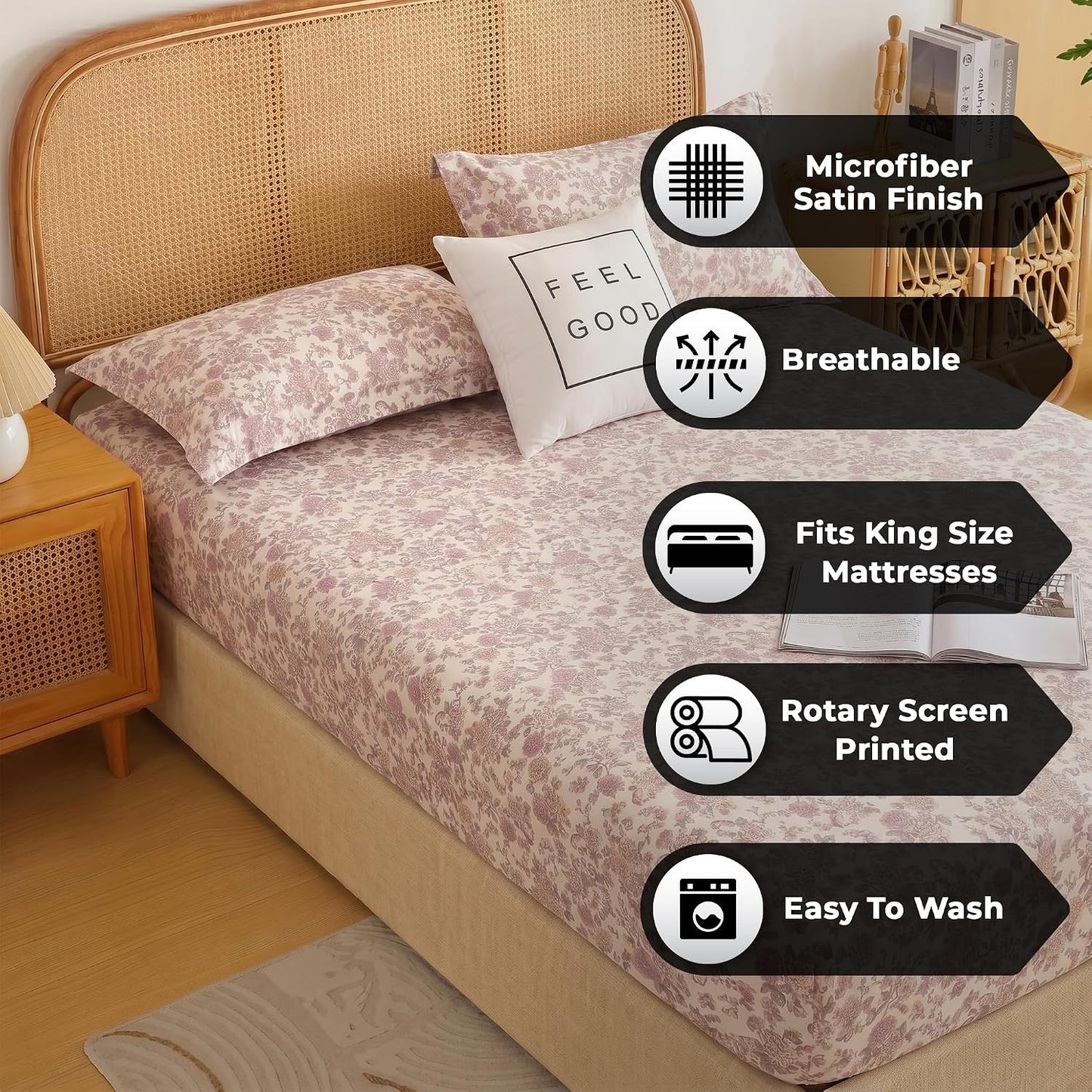 Bedsheet | Elastic Fitted Cotton Fabric | King (182x198cm), 3pc Set | 240 TC