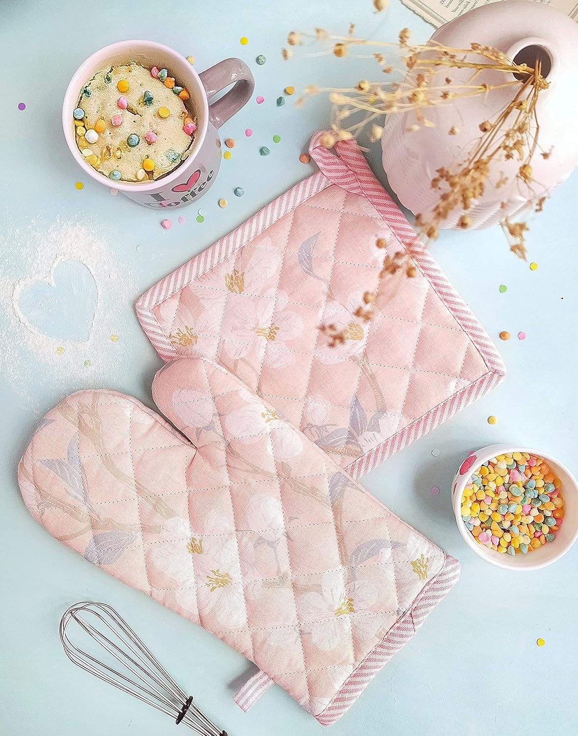 Cherry Blossom Print Oven Mitt & Pot Holder Set – Kitchen Linen – 100% Cotton – 2-Piece Mixed Size Pack