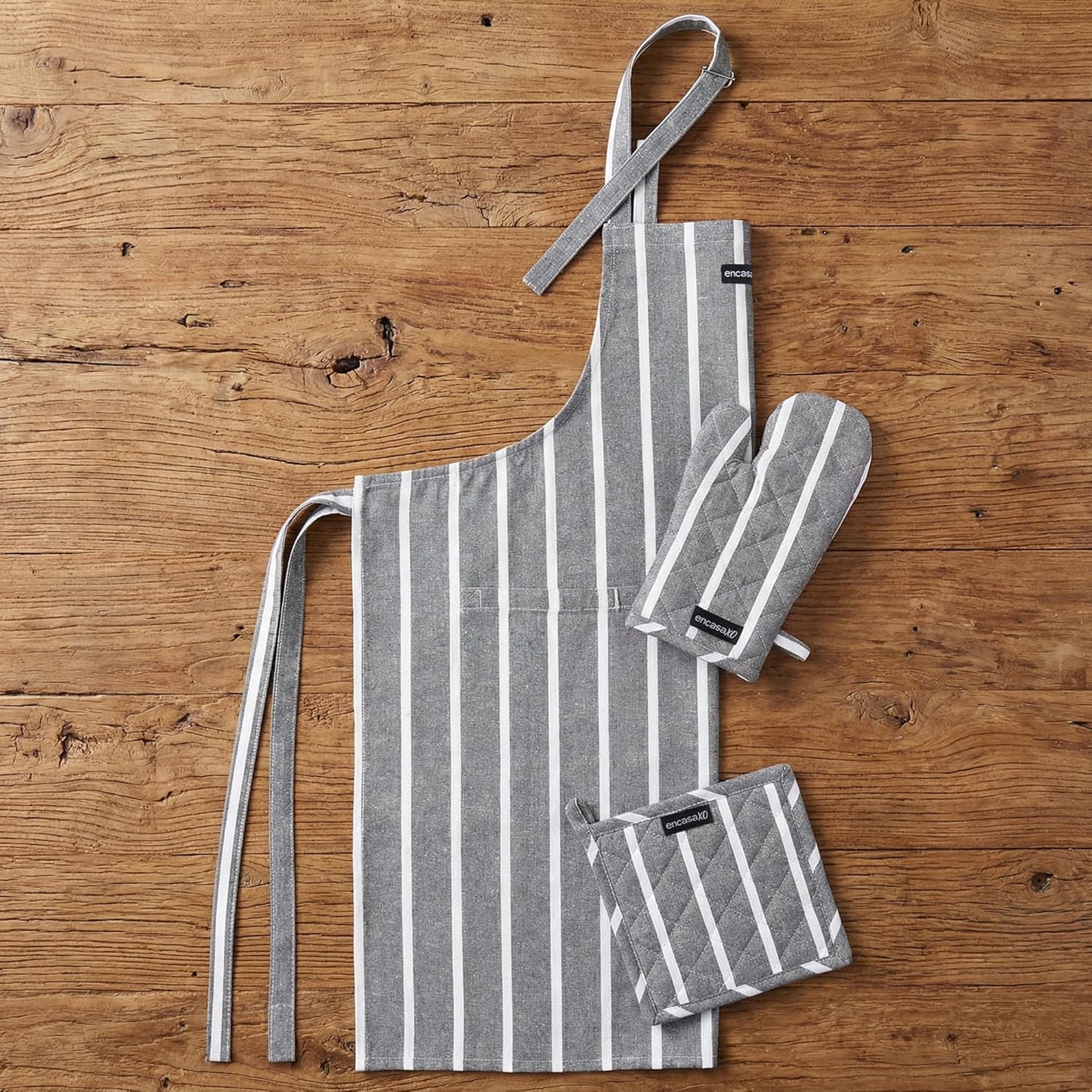Kitchen Apron Set – 3-Piece Culinary Linen Combo – 100% Cotton, Heat Resistant – Roma Grey Stripes