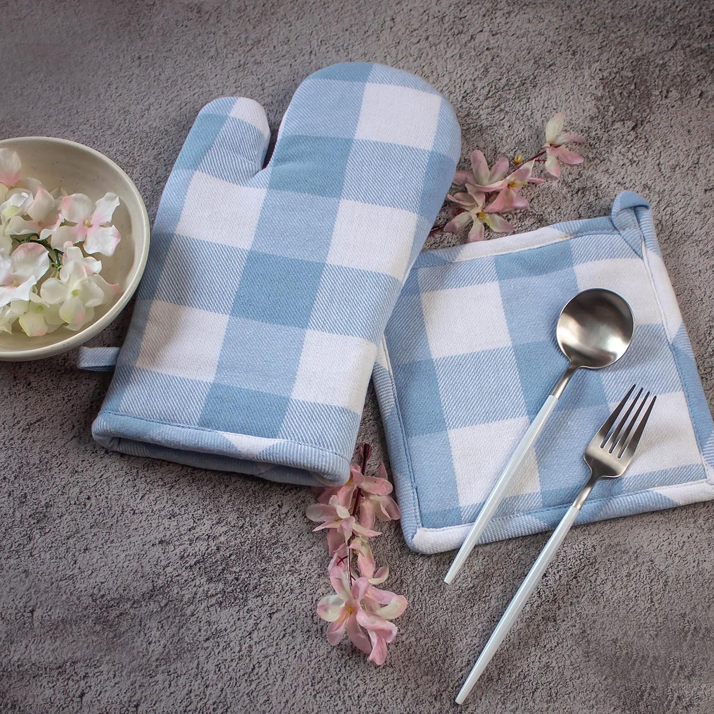 Heat Resistant Oven Glove & Pot Holder Set – Kitchen Textile – Thick Padded Cotton – 18x30cm