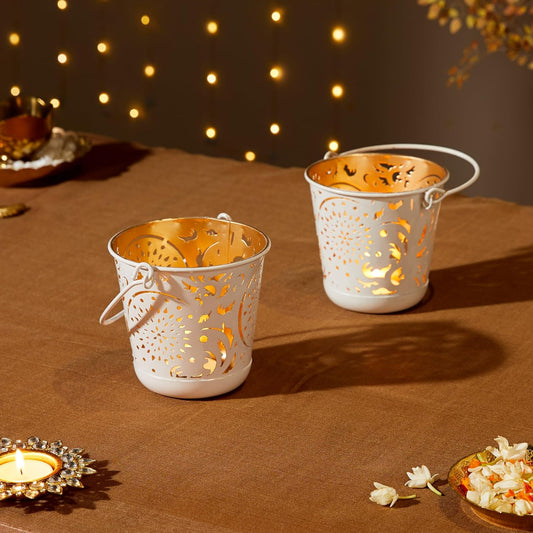 Votive Holders – White Powder-Coated Iron with Gold Interior & Handle – Set of 2 (11cm)