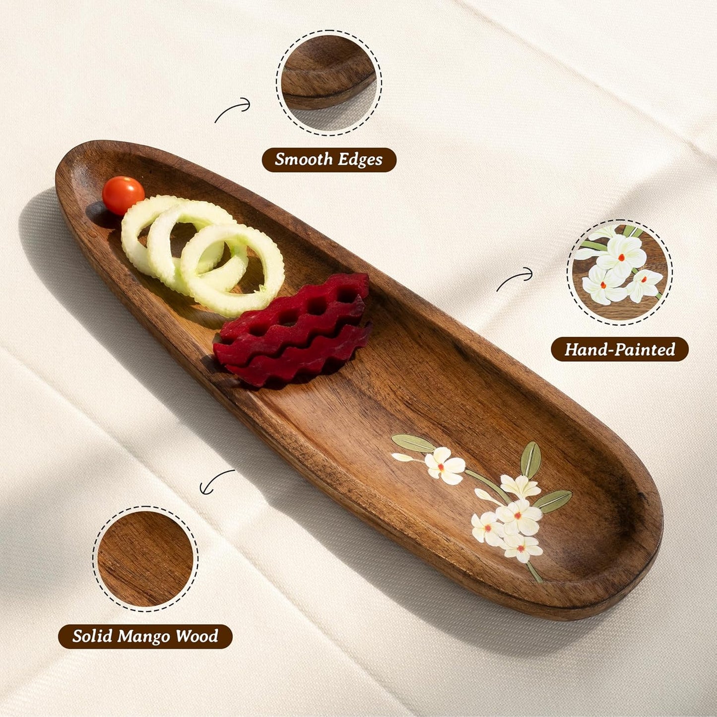 Handpainted Serving Platter – Rectangular Tray – Solid Mango Wood, Tropical Floral – 14.25x4.25x0.6 in