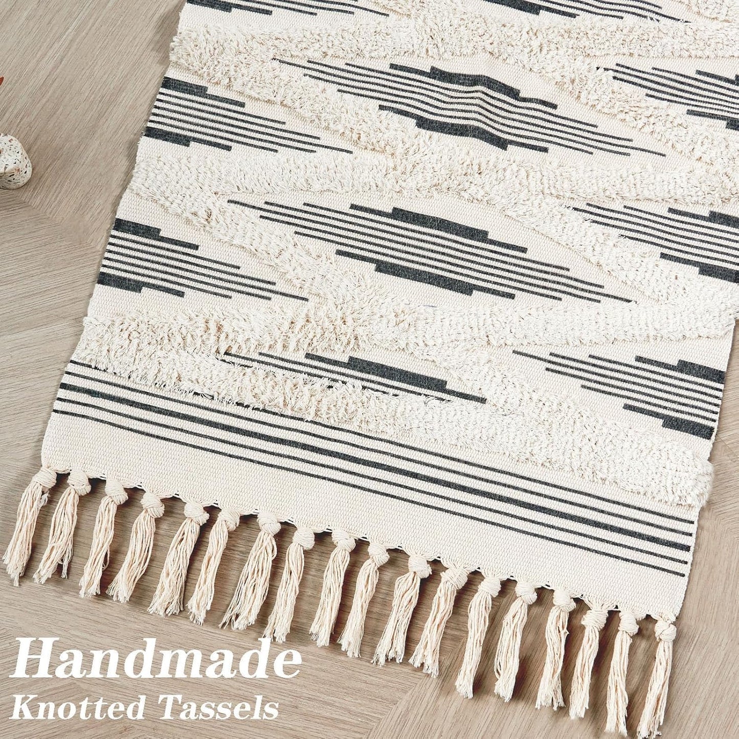 Hand Woven Cotton Rug – Black Zigzag Pattern – 2x5 ft (60x152 cm)