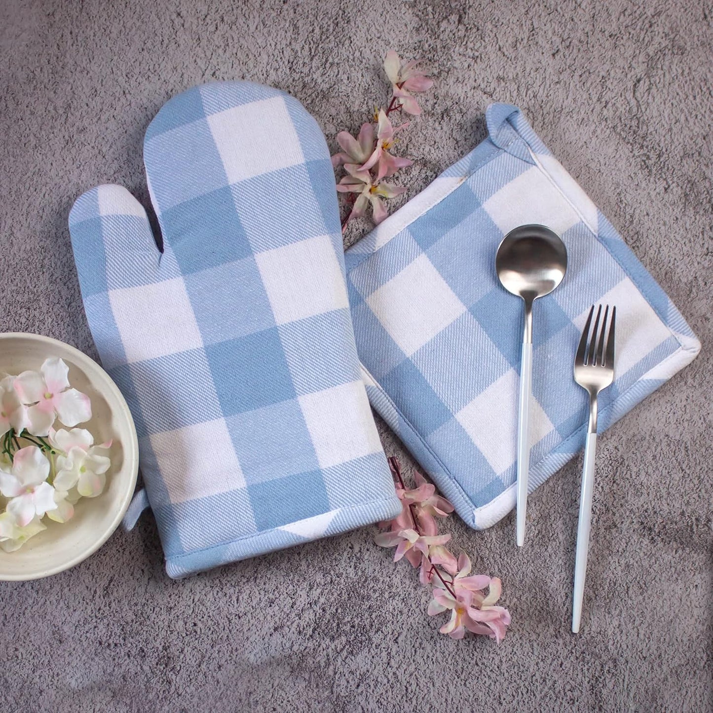 Heat Resistant Oven Glove & Pot Holder Set – Kitchen Textile – Thick Padded Cotton – 18x30cm