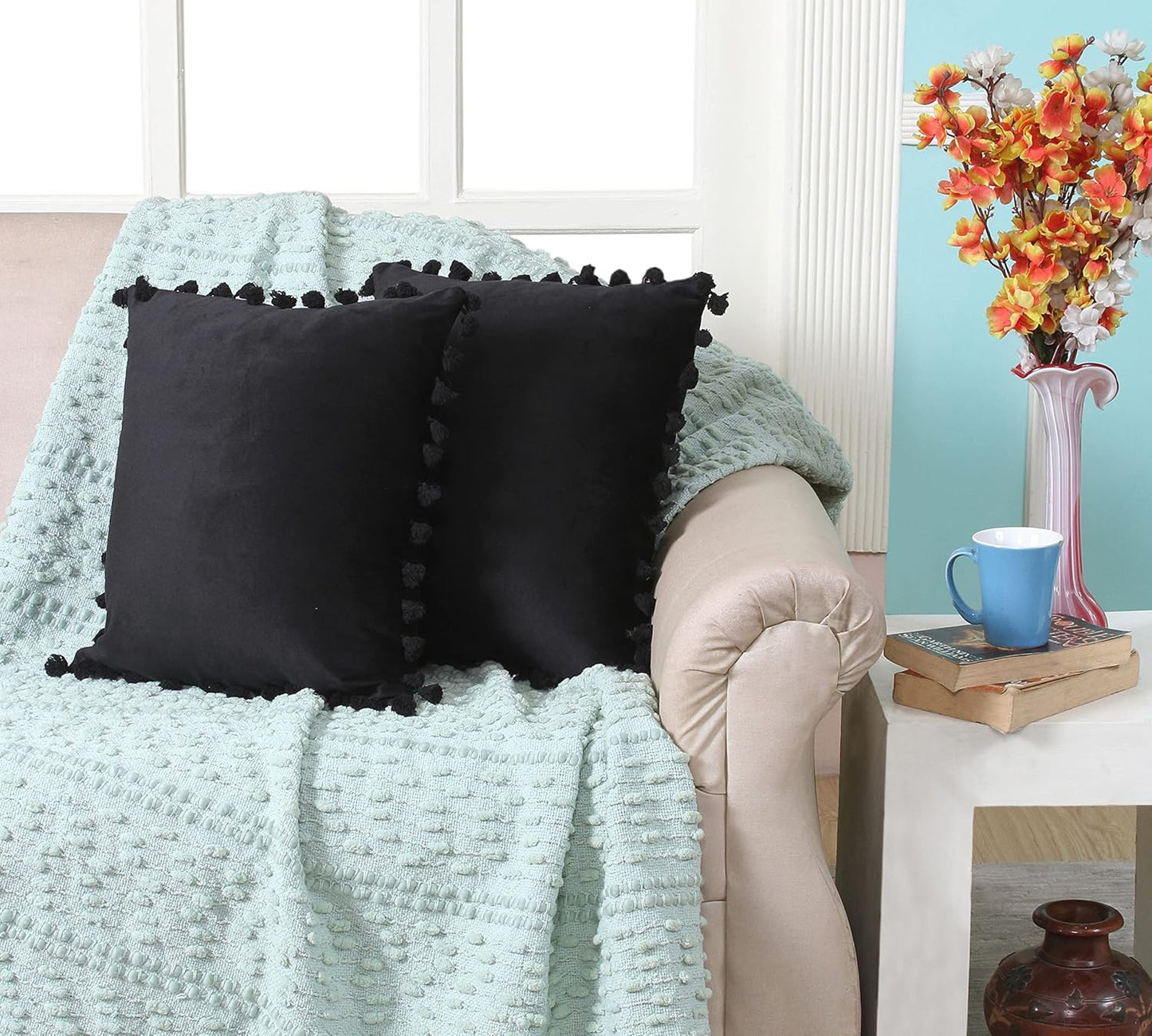 Velvet Tassel Fringe Pillow Covers – Black 12x12 Inch (2-Pack) Wholesale